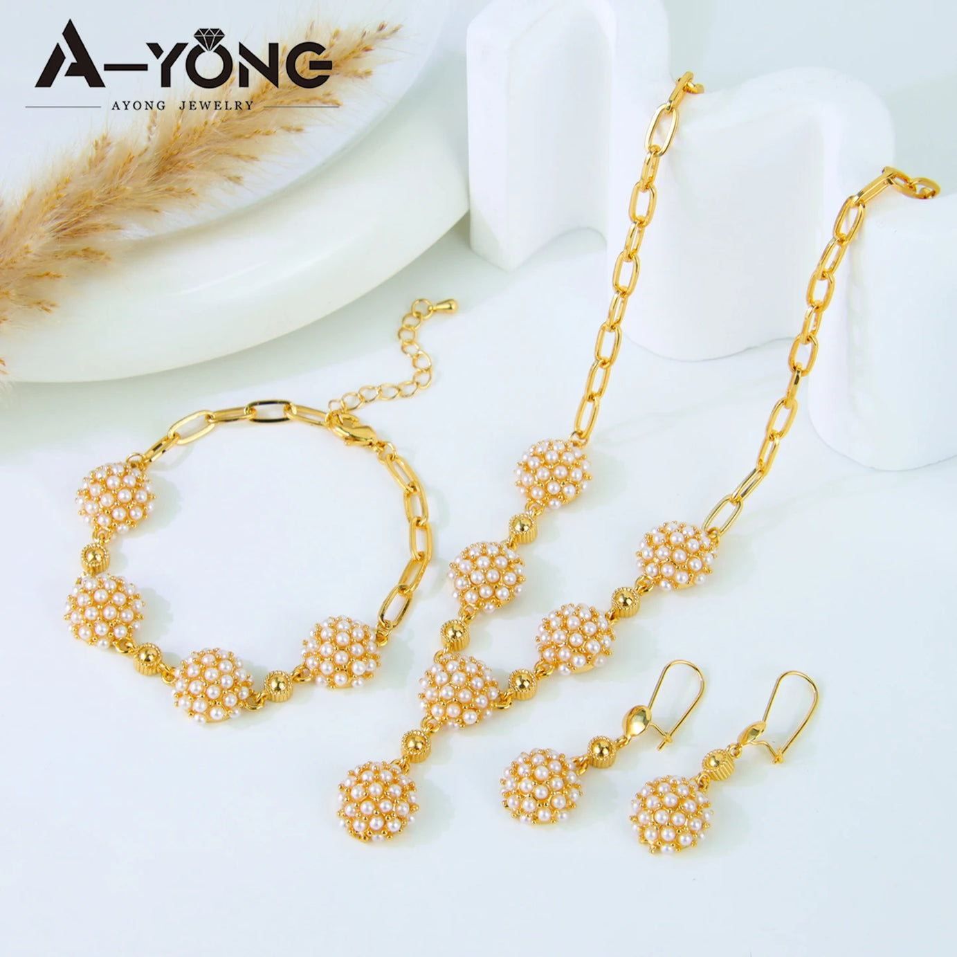 Gold Plated Pearl Statement Necklace Set Jewelry