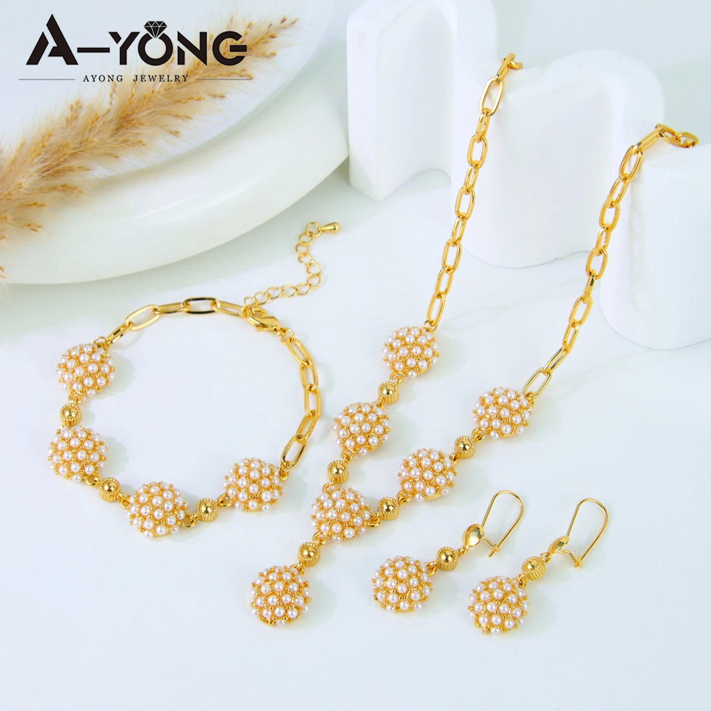 Dubai Nigeria Fashion Pearls Jewelry Set 24k Gold Plated Italian Retro Boho Necklace Arabic Women Exquisite Party Jewelrys