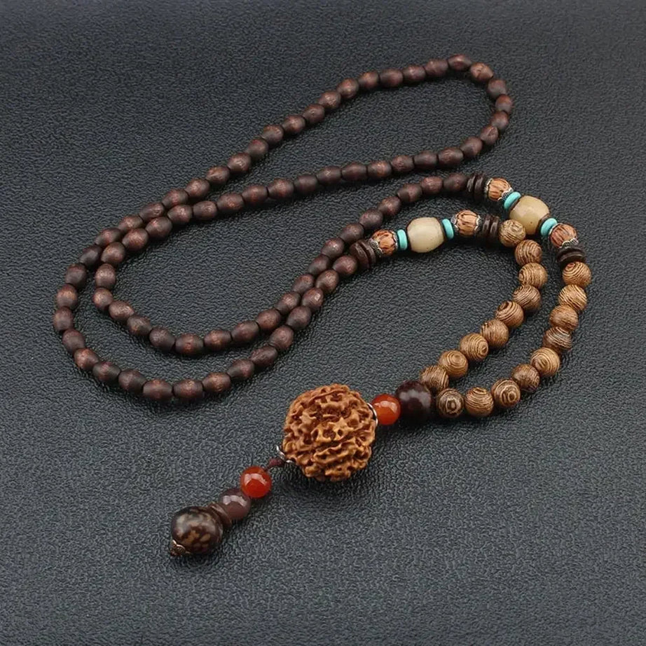 Nepal Wood Bead Mala Pendant Necklace Jewelry