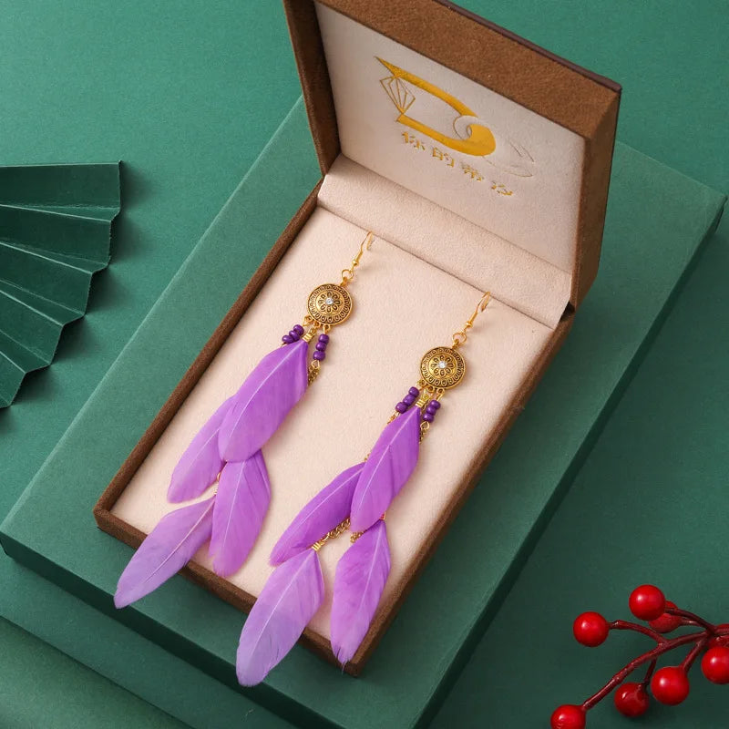 Trendy Bohemian Long Feather Drop Dangle Earrings For Women Crystal Flower Beads Handmade Wedding Vacation Boho Earrings Jewelry