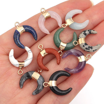 2pcs/lot Moon Shaped Natural Gem Stone Pendant Black Agate Lapis Lazuli Amethyst Charms For Jewelry Making DIY Necklace Earrings