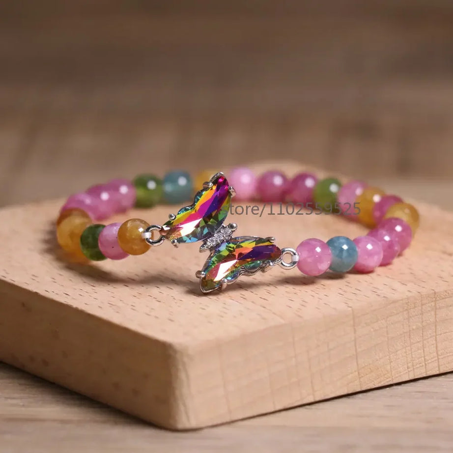 Natural  Rainbow tourmaline Agate Beaded Bracelet Adjustable Butterfly Charm Bracelet Women Boho Chic Stackable Jewelry Gift - Charlie Dolly