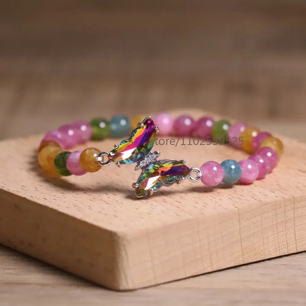 Natural  Rainbow tourmaline Agate Beaded Bracelet Adjustable Butterfly Charm Bracelet Women Boho Chic Stackable Jewelry Gift
