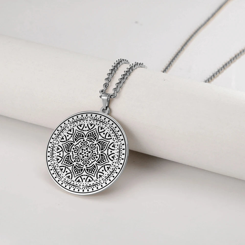 LIKGREAT Lotus Flower Chakra Mandala Pendant Necklace Stainless Steel Women Men Buddhism Hinduism Meditation Spiritual Jewelry