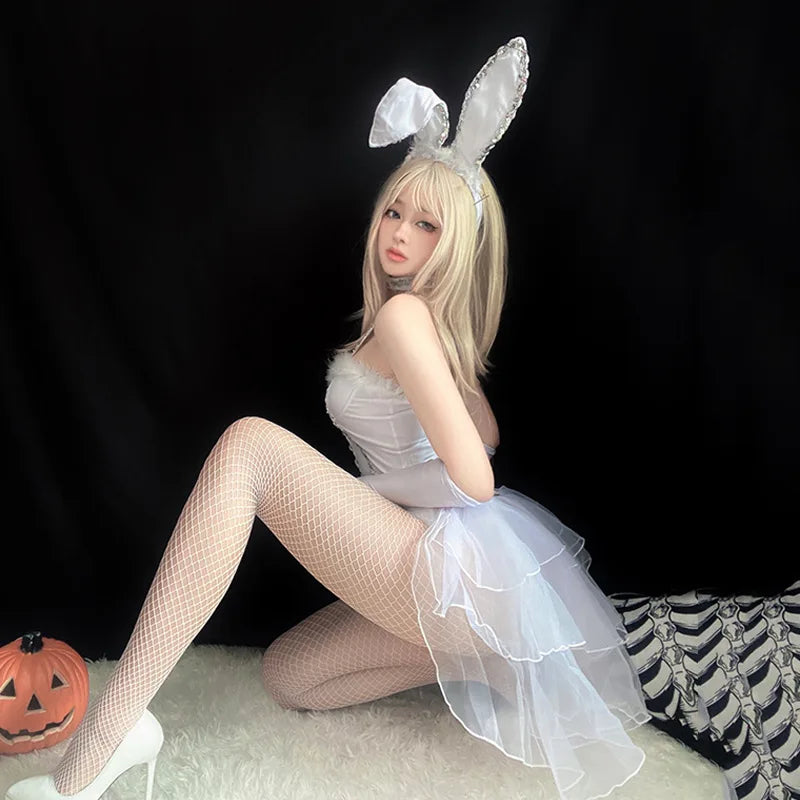 Sexy Rabbit Costume Cosplay White Bunny Girl Suspender Bodysuit Women Jumpsuit Set Halloween Stage Show Carnival Club Clothes - Charlie Dolly