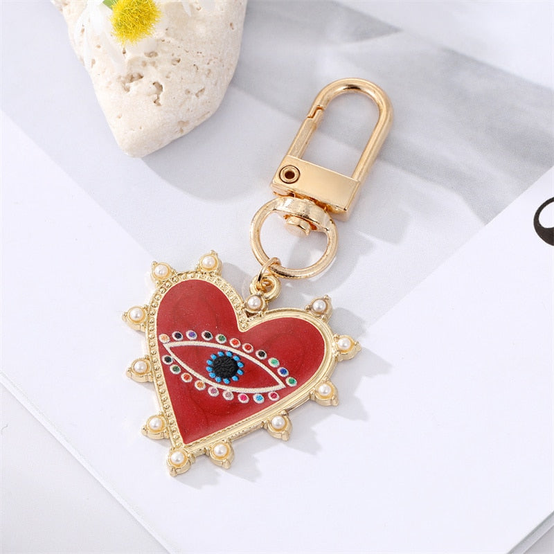 Rainbow Pearl Heart Evil Eye Couple Keychain For Friend Lovers Gift Blue Eye Bag Car Airpods Box Keyring Valentine's Day Jewelry - Charlie Dolly