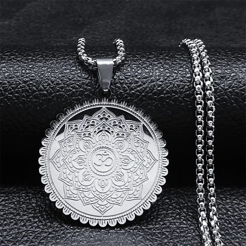 OM Lotus Flower India Yoga Mandala Necklace for Women Men Stainless Steel Buddhism Talisman Amulet Necklaces Jewelry GIfts N2334