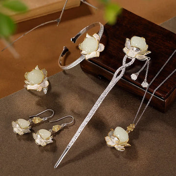 Classic Lotus Flower Jewelry Sets Natural Hotan Jade Various Exquisite Ring Earrings for Women Pendant Hairpin Brooch Bracelets