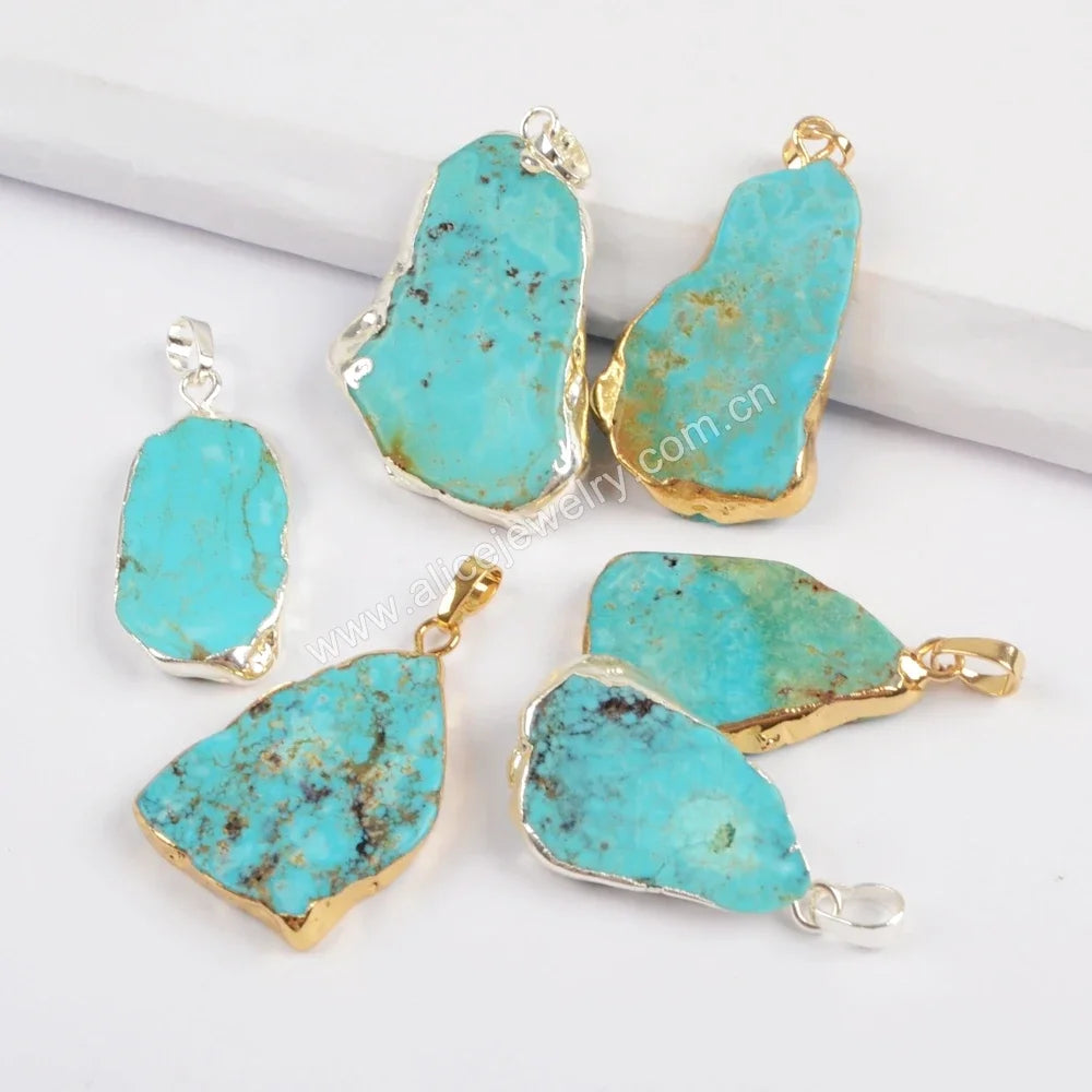 Unique Irregular Natural Turquoise Slice Pendant Golden/Silver Color Charm For Women Boho Jewelry Accessories DIY Necklace