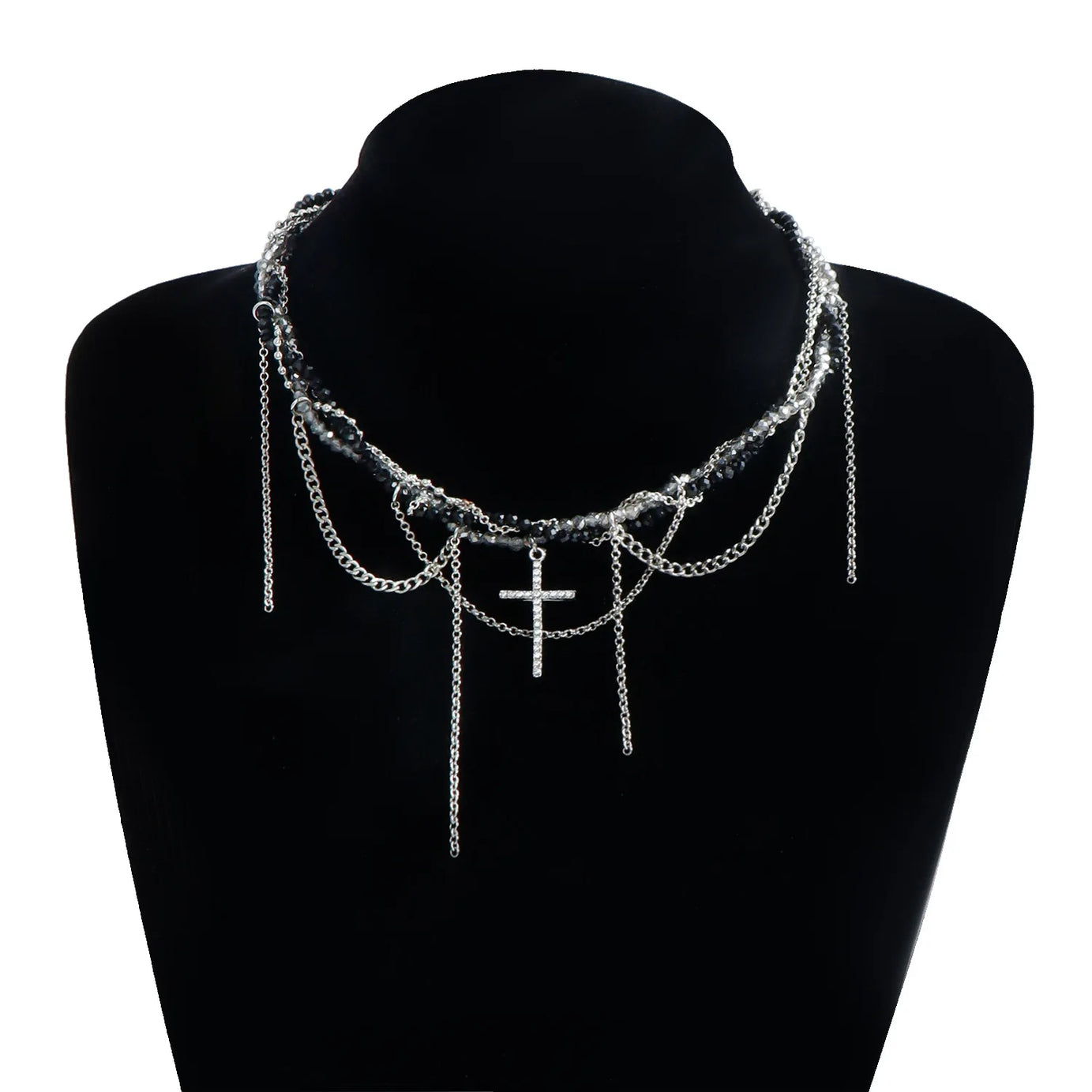 Cross Pendant Crystal Bead Choker Necklace Jewelry