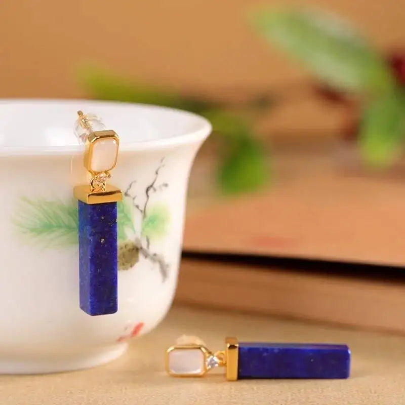 GEEZENCA 925 Silver Gold Plated Lapis Lazuli Bar Charm Dangle Drop Earrings Women CZ Geometric Oblong Simple Trendy Earring Gift