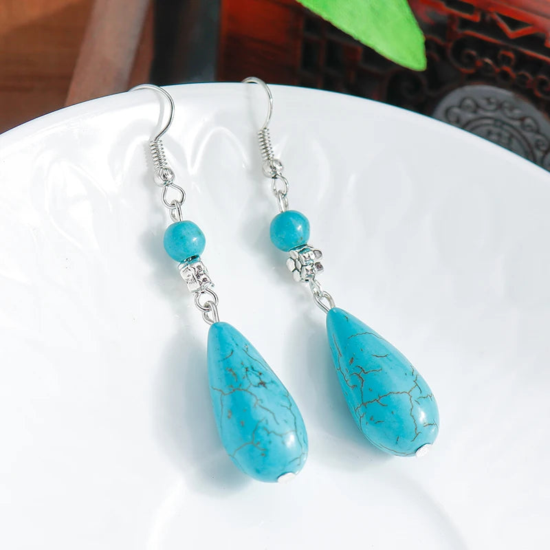 Boho Vintage Turquoise Water Drop Stud Earrings for Women Star Heart Flower Tribe Earring Statement Valentine Day Gift Jewelry