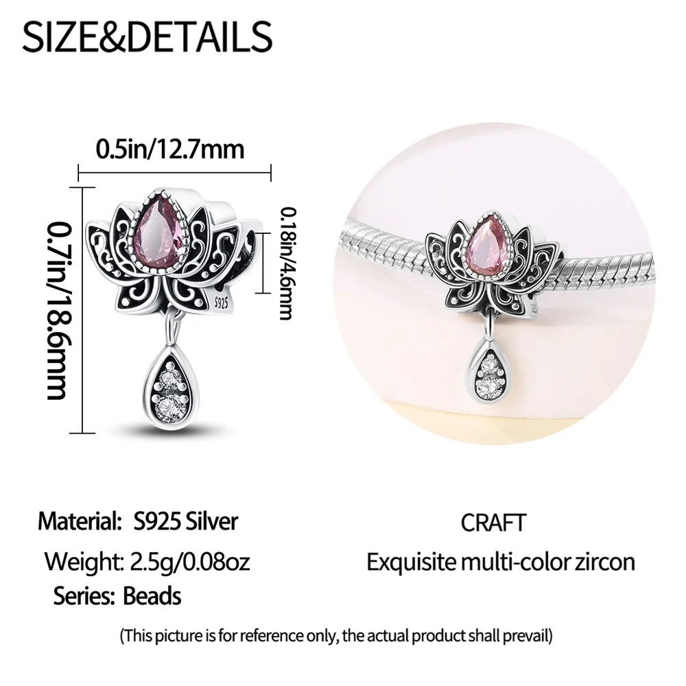 925 Sterling Silver lotus Charms Pendant with Cubic Zirconia,Fit DIY bracelet necklace Gift for Her，Colgante Plata