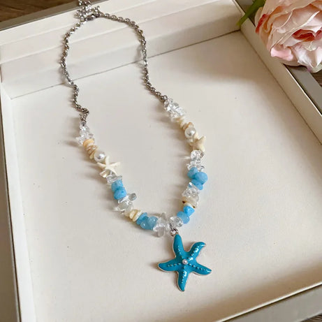 Irregular Shell, Starfish and Pearl Tassel Necklace and Earring Set