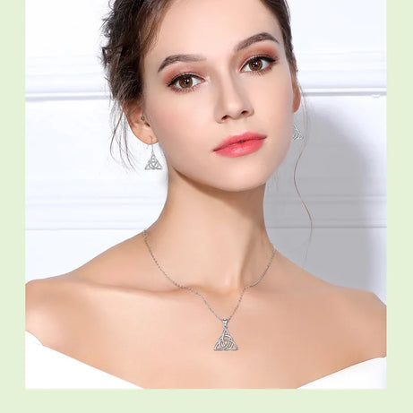 S925 Sterling Silver Celtic Knot Triangle Pendant Necklace, Purple CZ Sacred Geometry Amulet