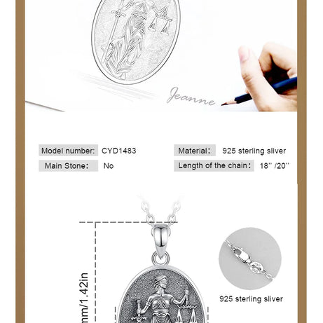 S925 Sterling Silver Themis Goddess of Justice Pendant Necklace, Sword & Scales Wicca Talisman