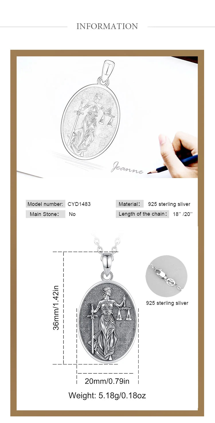 Eudora 925 Sterling Silver Themis Goddess of Justice Pendant Sword Balance Scales Necklace Wicca Pagan Jewelry for Women Men