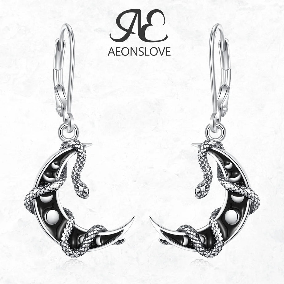 S925 Sterling Silver Moon Phase Snake Drop Earrings, Gothic Black Enamel Celestial Talisman