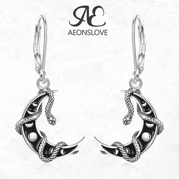 AEONSLOVE 925 Sterling Silver Moon Phase Snake Earrings Gothic Black Enamel Celestial Drop Earrings Witch Jewelry Gift for Women