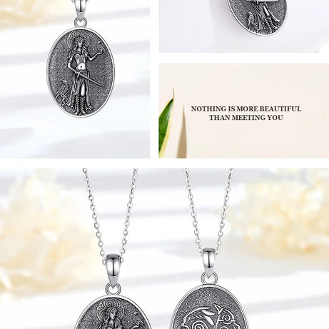 S925 Sterling Silver Morrigan Goddess Pendant Necklace, Viking Raven & Triple Spiral Pagan Amulet