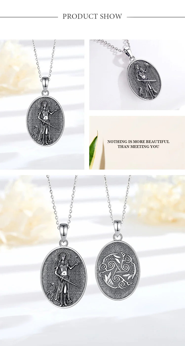 AEONSLOVE 925 Sterling Silver Morrigan Goddess Necklace Viking Raven Triple Spiral Pendant Pagan Wicca Jewelry for Women Men
