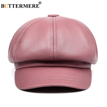 BUTTERMERE Genuine Leather Vintage Hat Women Newsboy Cap Pink Baker Boy Cap High Quality Brand Ladies Winter Octagonal Cap