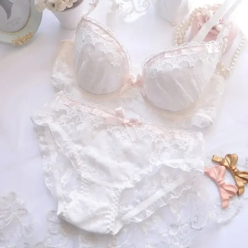 Japanese Water-soluble Embroidery Thin Cup Girl Cute Gathering Sexy Lingerie Set Large Bra Set - Charlie Dolly