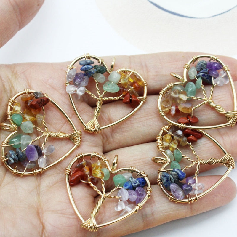 7 Chakra Natural Stone Tree of Life Pendant Necklace Handmade Heart Quartz Crystal Pendant DIY Accessories 10Pcs Wholesale - Charlie Dolly