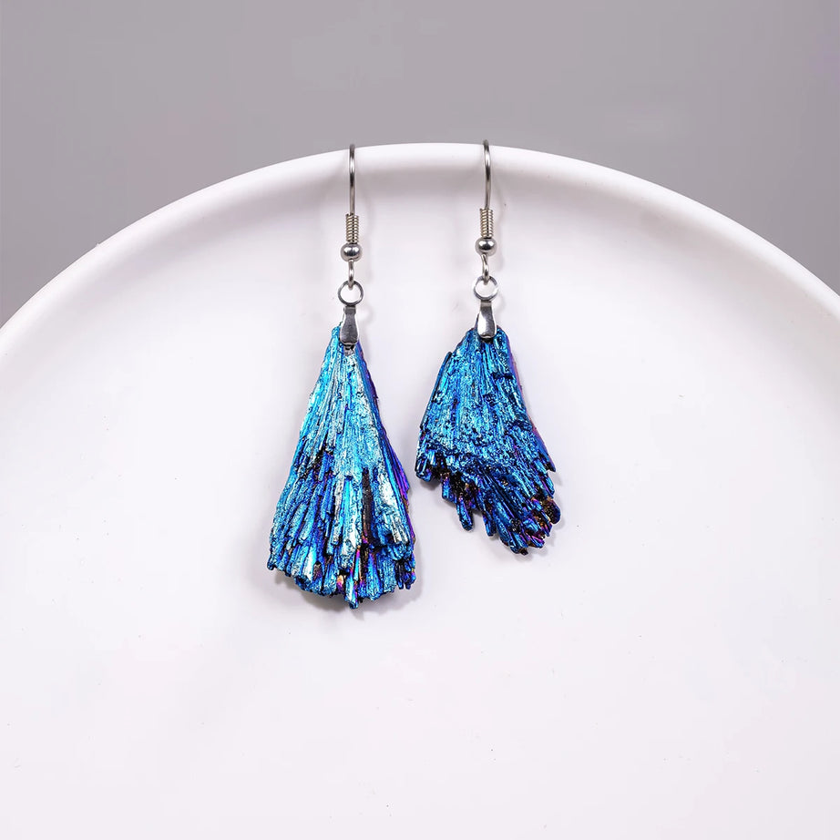 Aura Blue Tourmaline Feather Drop Earrings, Healing Crystal Chakra Boho Jewelry