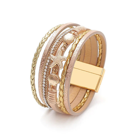 Starfish Shell Braided Leather Cuff Bracelet