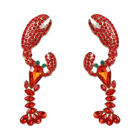 Red Rhinestone Lobster Ocean Dangle Earrings Jewelry