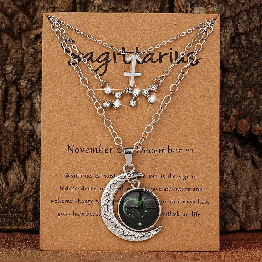 Zodiac Moon Glow Pendant Necklace Set of 3 with Birthstone Cards, Bestie & BFF Gift
