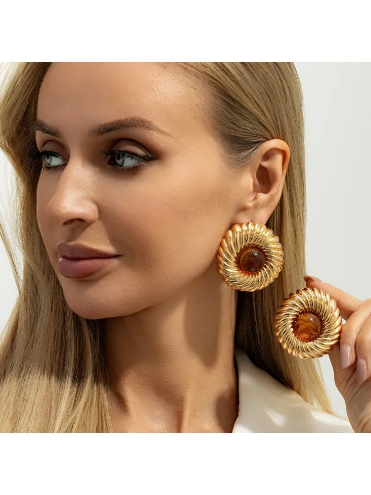 New Trendy Geometric Big Spiral Stud Earrings Women Boho Inlaid Resin Acrylic Beads Earrings Vacation Jewelry Accessories