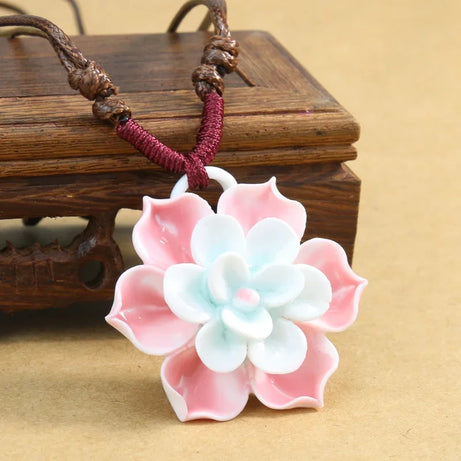 3D Ceramic Lotus Flower Pendant Boho Necklace, Handcrafted Sacred Bloom