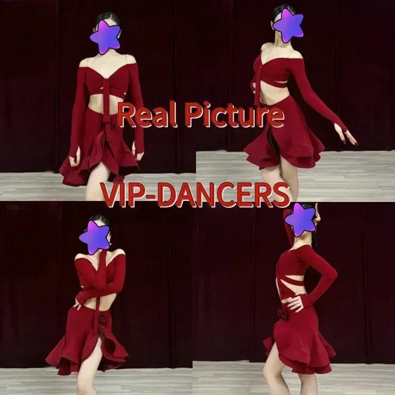 Sexy Off Shoulder Latin Top Ruffled Skirts Latin Dance Costume Stage Performance Clothes Samba Tango Dance Wear Set for Women - Charlie Dolly