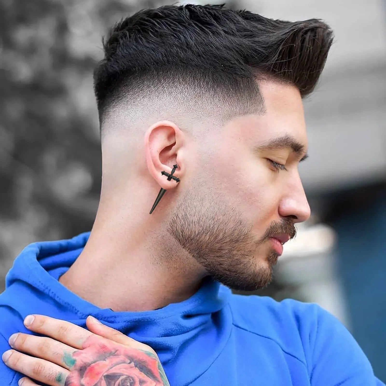 Gothic Sword Shaped Earrings for Men Boys,Metal Black Stone Cross Studs Earrings,Rock Punk Jewelry Anniversary Birthday Gifts - Charlie Dolly