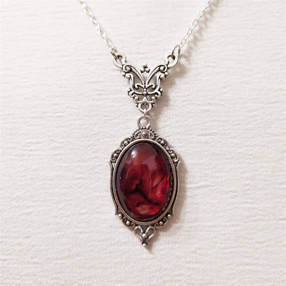 Gothic Blood Red Quartz Charm Necklace Oval Pendant Necklace For Women Halloween Vampire Embossed Witch Jewelry Vintage Chokers - Charlie Dolly