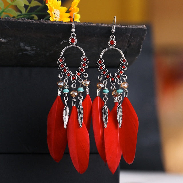 Fashion Earrings Bohemian Ethnic Style Leaf Earrings Jewelry Retro Long Tassel Colorful Feather Earrings Jewelry Gift - Charlie Dolly