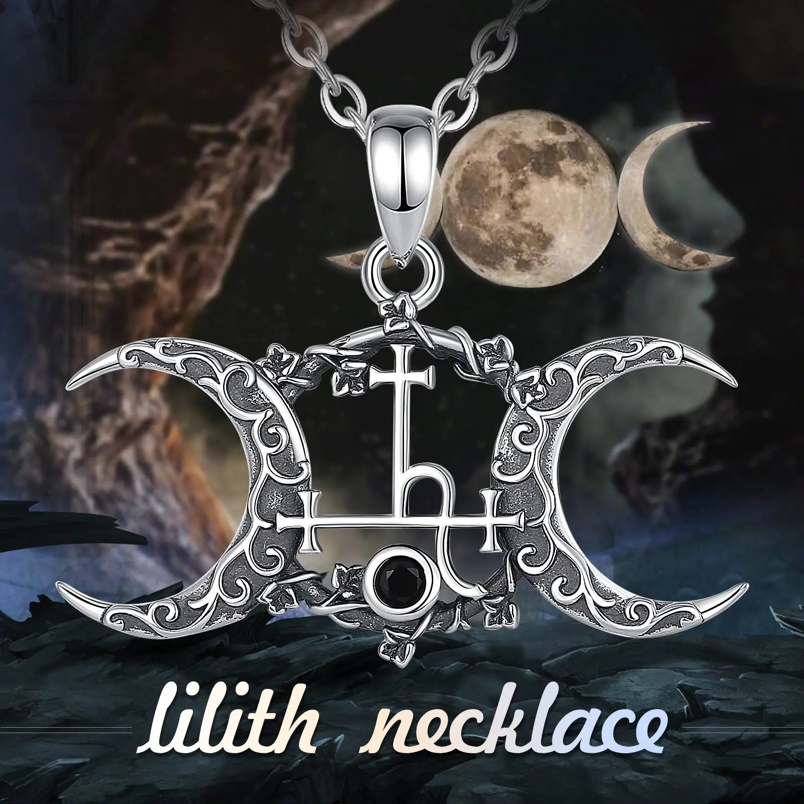 Eudora 925 Sterling Silver Lilith Sigil Necklace Vintage Triple Moon Goddess Amulet Pendant Personality Jewelry Party Gift