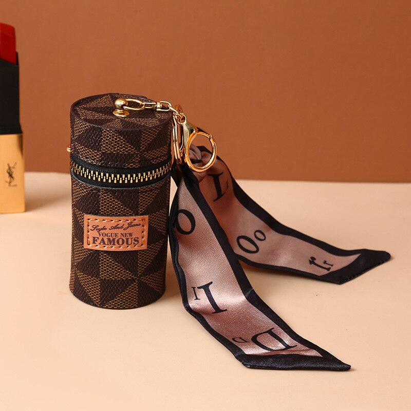 Exquisite Cylindrical Keychain Earphones Lipstick Bag Pendant for Women Leather Coin Purse Key Wallet Fashion Silk Scarf Keyring - Charlie Dolly