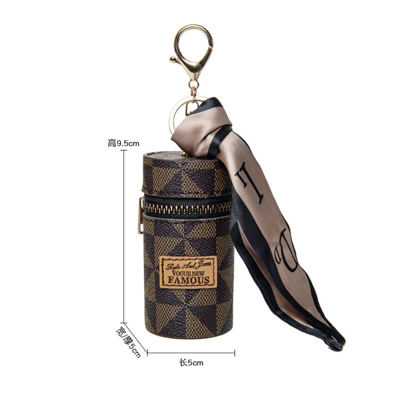 Exquisite Cylindrical Keychain Earphones Lipstick Bag Pendant for Women Leather Coin Purse Key Wallet Fashion Silk Scarf Keyring - Charlie Dolly