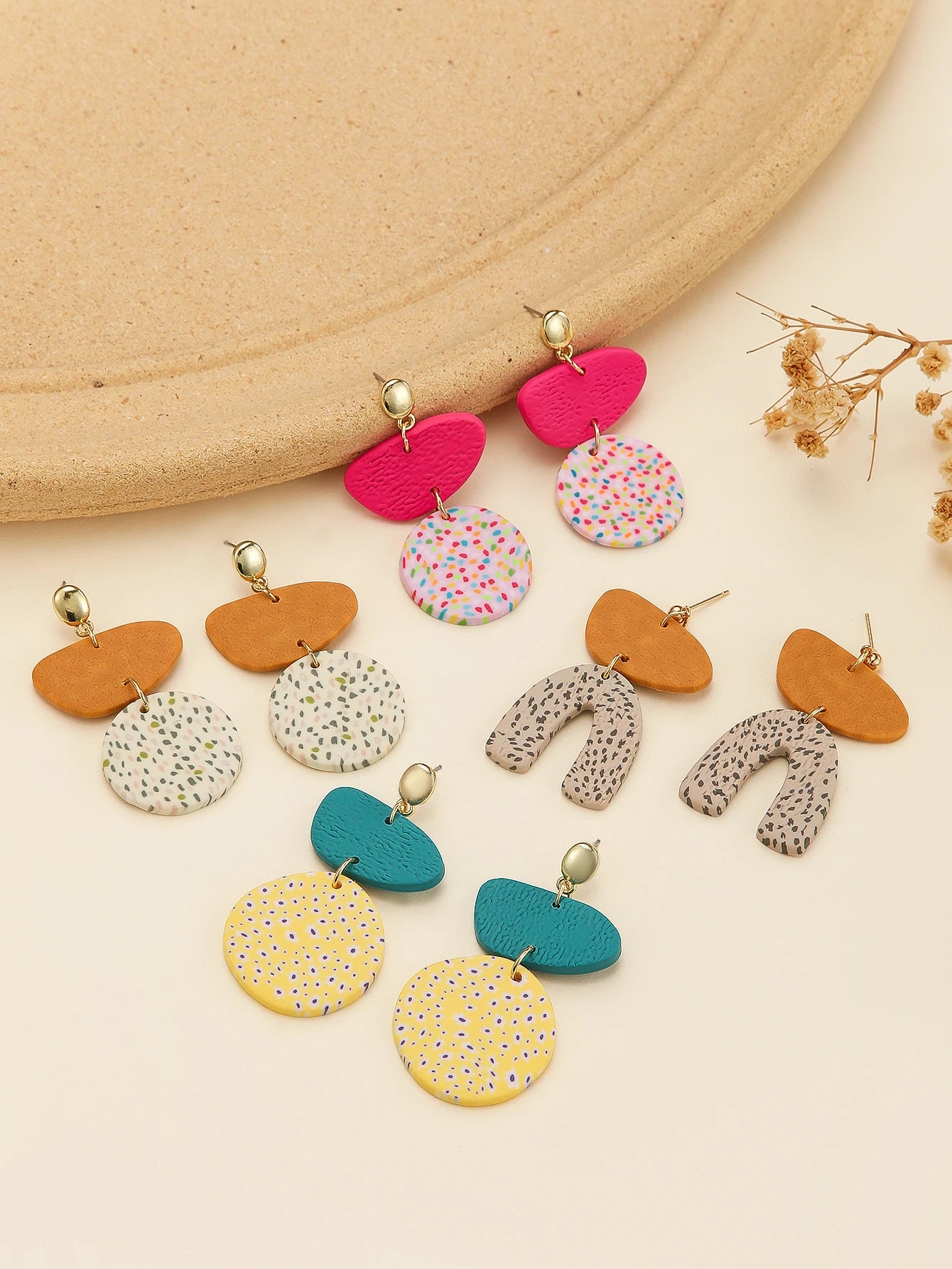 Women's Lightweight Boho Geometric Dangle Earrings with Confetti Arch Disc Polymer Clay Statement Jewelry for Work Party Travel