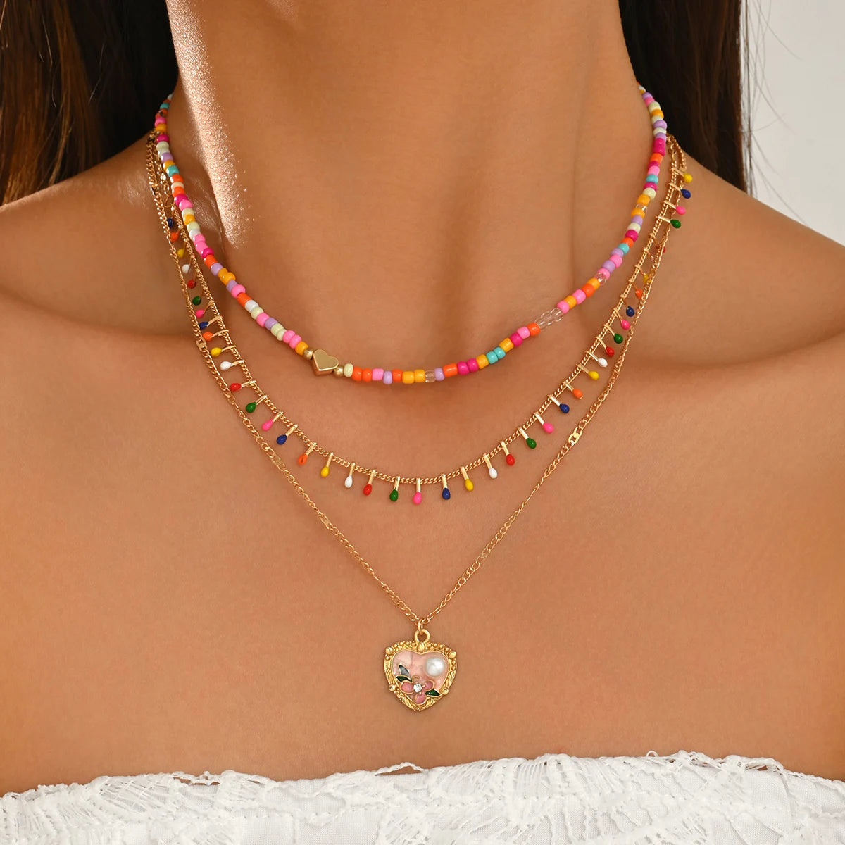 Rainbow Glass Bead Heart Choker Necklace Jewelry
