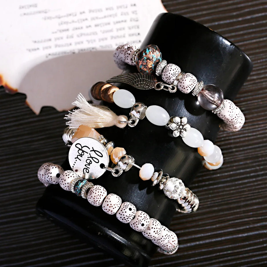 New Bohemian White Beads Tassel Bracelets Set Women Natural Lava Stone Alloy Wing Pendant Charm Bangle Boho Jewelry - Charlie Dolly