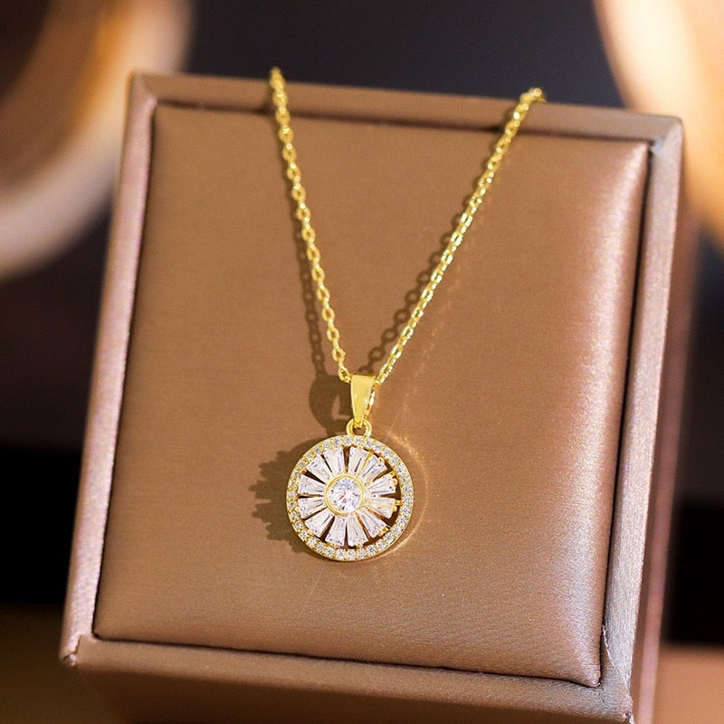 Stainless Steel Rotating Sunflower Pendant Necklace for Women Jewelry Luxury Fashion Zirconia Choker Necklaces - Charlie Dolly