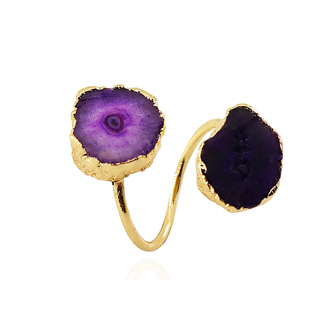 Irregular Agate Slices Open Cross Ring for Women Girls Boho Rough Natural Stone Sunflower Finger Jewelry Wedding Party Gift