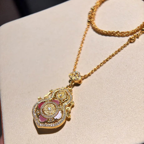 Vintage Ruyi Gourd Lotus Pendant, Chinese Court-Style Blessing Necklace