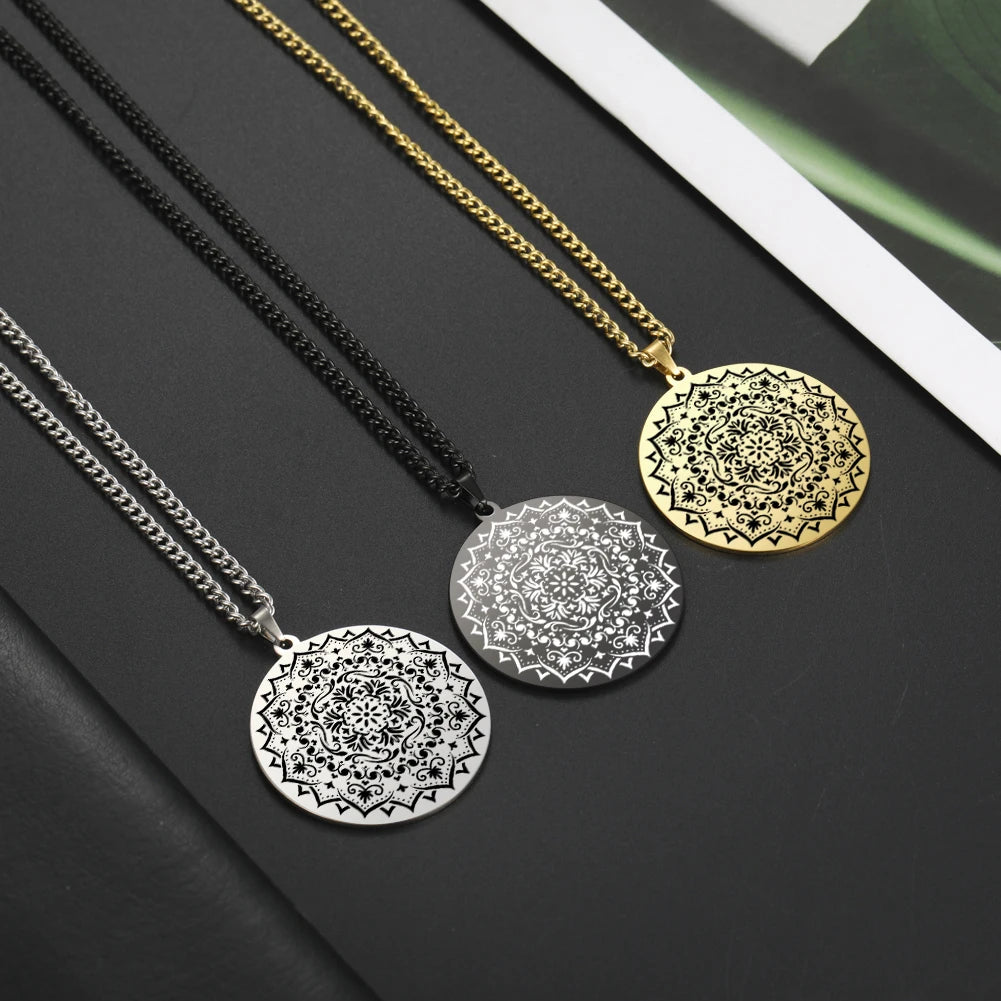 LIKGREAT Lotus Flower Chakra Mandala Pendant Necklace Stainless Steel Women Men Buddhism Hinduism Meditation Spiritual Jewelry