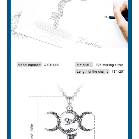 S925 Sterling Silver Hecate Triple Moon Goddess Pendant Necklace, Snake & Key Pagan Wicca Amulet