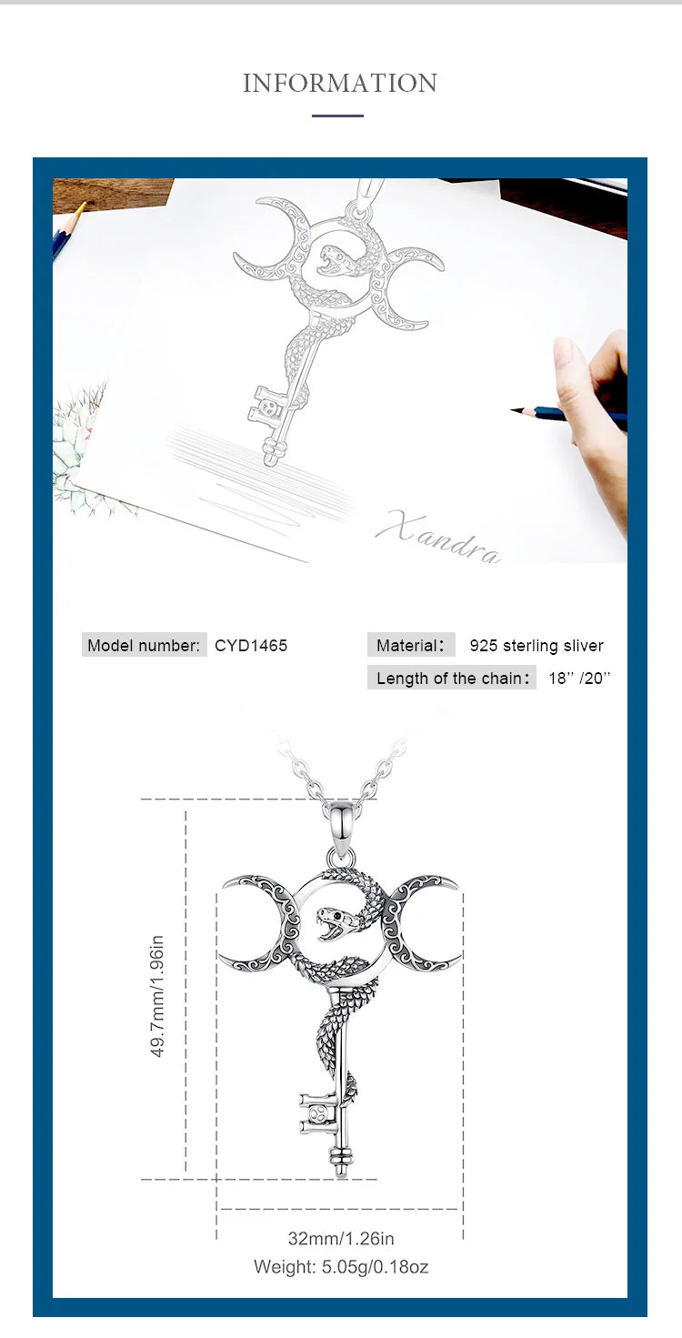 Eudora 925 Sterling Silver Hecate Triple Moon Goddess Necklace Snake Key Amulet Pendant Pagan Wicca Jewelry Gift for Women Men